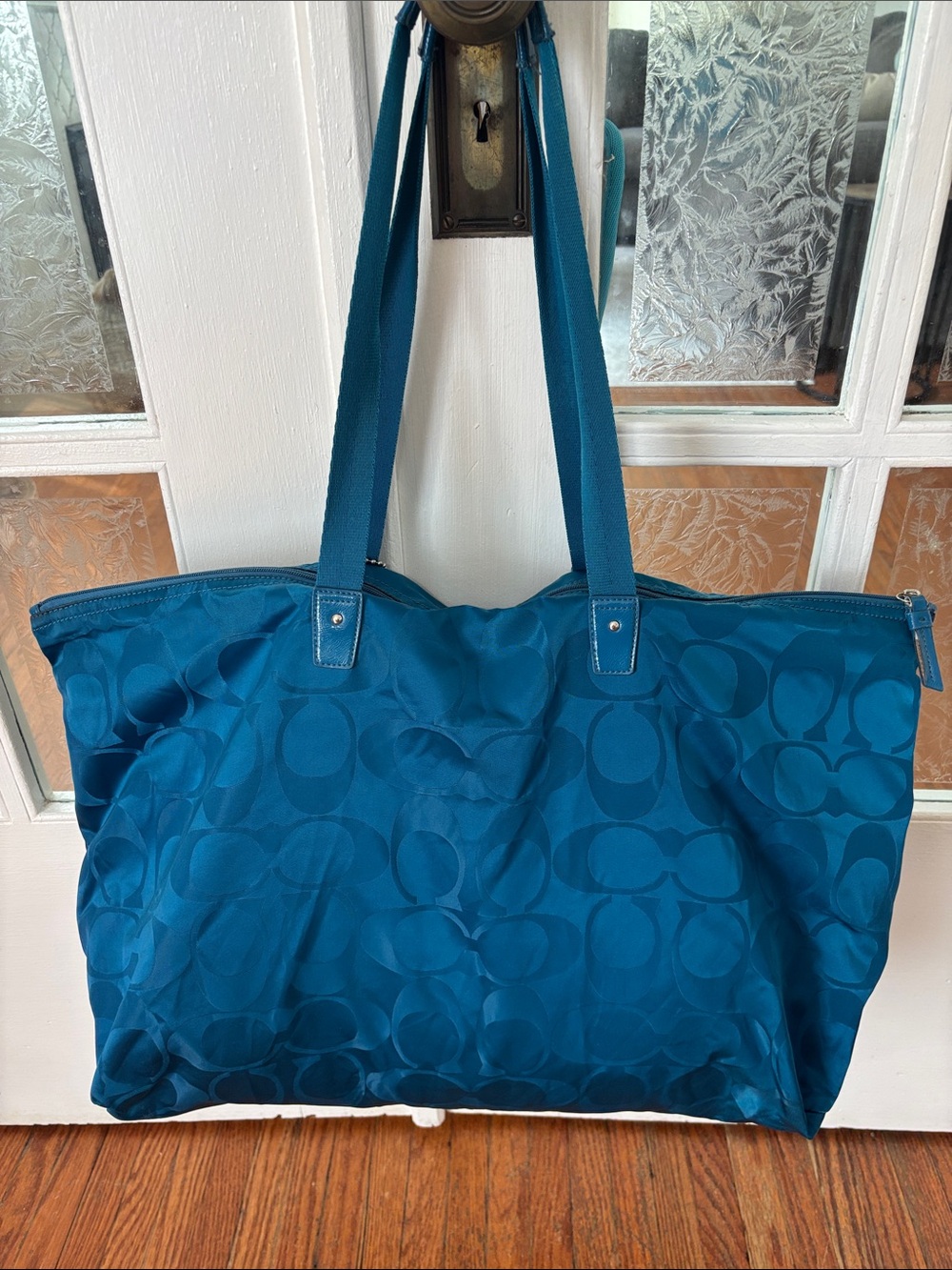 Coach Teal Signature Jacquard Tote - Picture 3 of 9